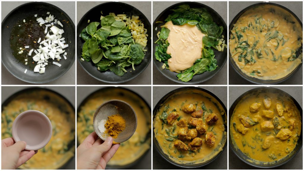 Verhit de olijfolie (25 ml) in een koekenpan op middelhoog vuur. Voeg de gele ui toe en bak 3-4 minuten. Voeg de spinazie toe en bak tot deze geslonken is. Voeg het pompoenmengsel, de currypoeder, het zout en water toe. Meng goed. Voeg de kabeljauw toe en zet het vuur hoog. Als het goed kookt, zet je het vuur laag. Kook, afgedekt, 15-20 minuten.