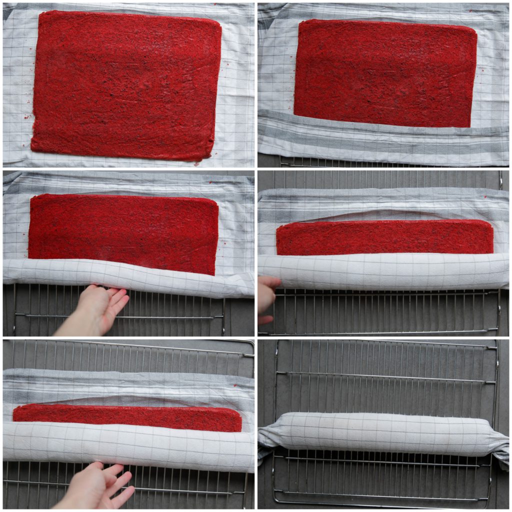 Rol de cake in met behulp van een vochtige theedoek of bakpapier. Doe dit direct wanneer de cake warm is! Zo gaat het rollen makkelijker en scheurt het niet of vrij weinig. Leg de red velvet cake weg in de koelkast (30 minuten - mag ook langer).