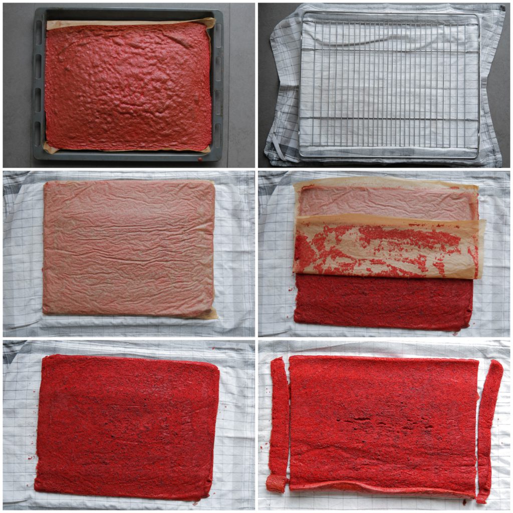 Haal de red velvet cake uit de oven en leg er een vochtige theedoek op. Kiep de bakplaat om. Verwijder de bakpapier. Snijd de zijkanten weg en houd deze apart.