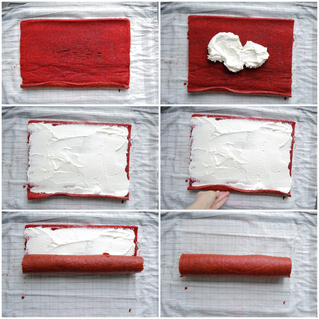 Rol de afgekoelde cake uit. Smeer er een laagje room op. Rol de cake weer in.