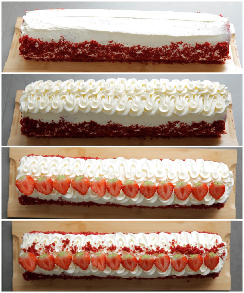 Garneer het onderste gedeelte van de rolcake met de red velvet kruimels. Spuit er twee mooie toefjes rooms op de bovenkant. Garneer met stukjes aardbei en red velvetkruimels.