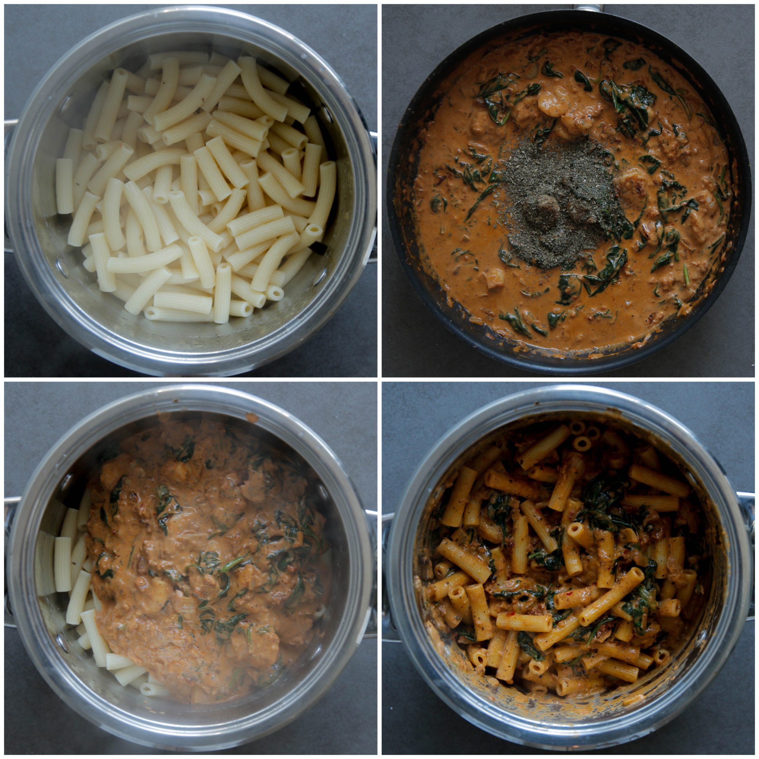 Rigatoni mengen met saus en garnalen in een pan