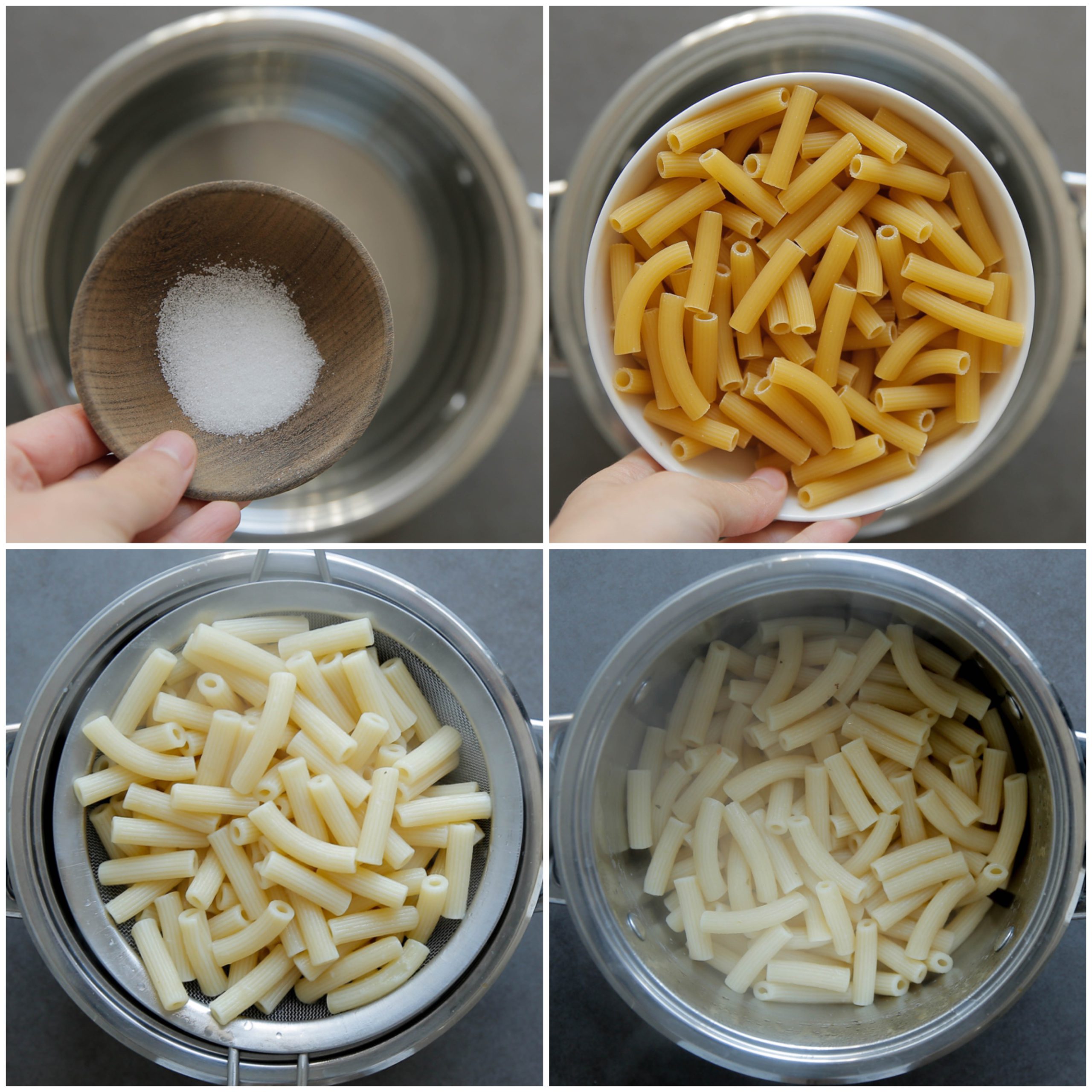 Rigatoni pasta gaar koken in een pan