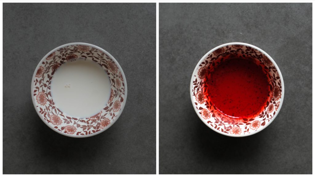 Doe de melk samen met de rode kleurstof in een kom. Meng goed.