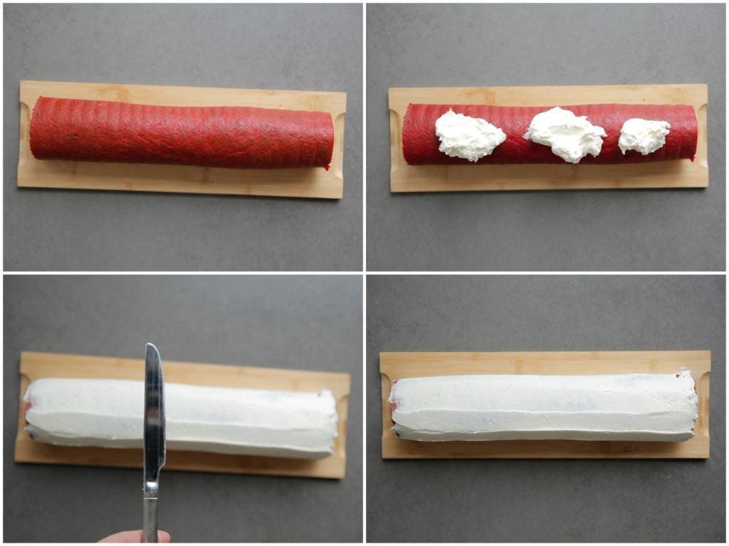 Smeer de rolcake helemaal in met het roommengsel en maak het mooi egaal. Ik heb een smeermes gebruikt.