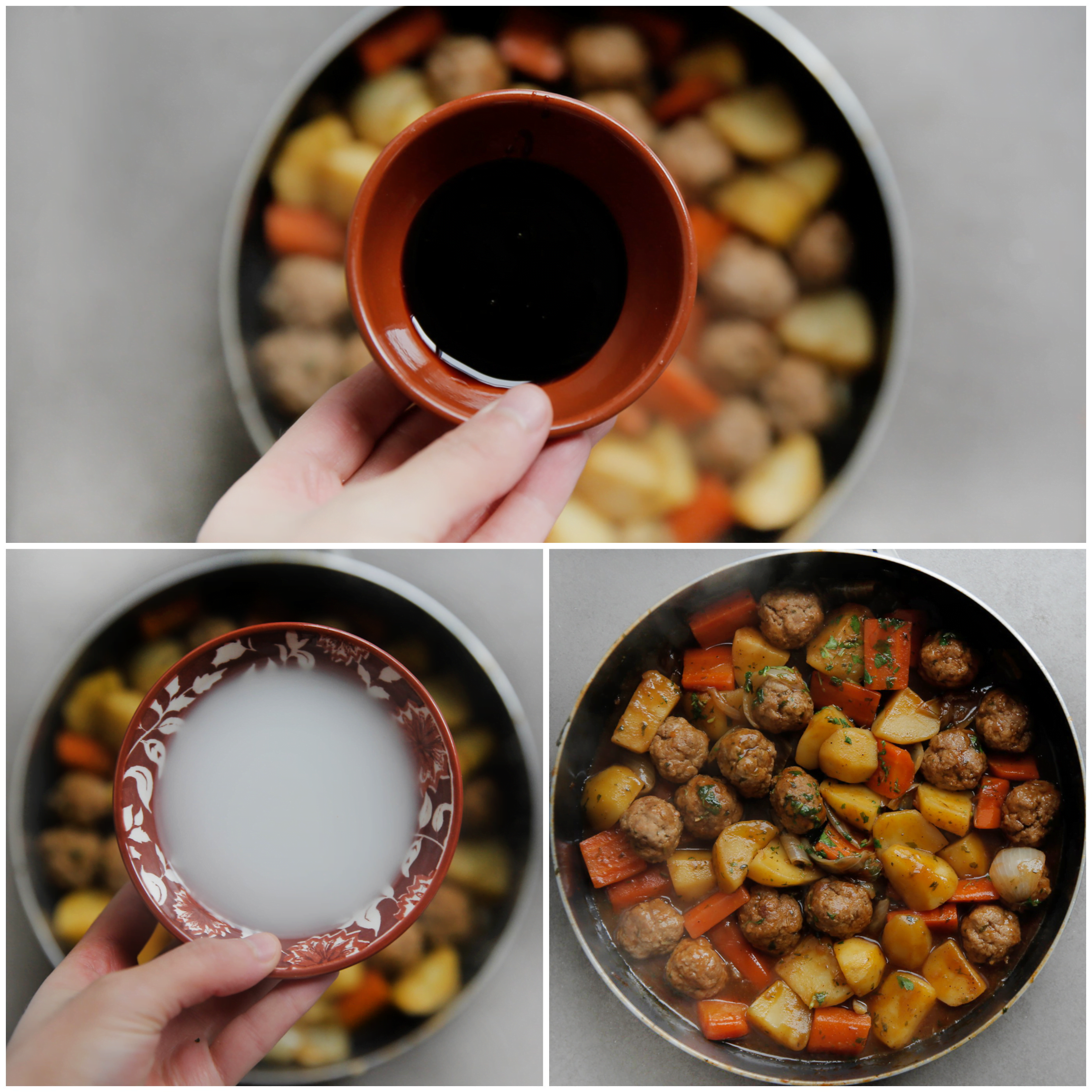 Saus toevoegen aan de gehaktballen en groenten