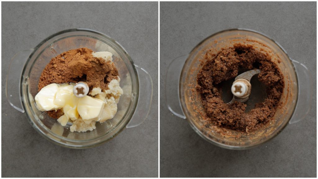 Doe de amandelspijs, speculaaskruiden, kaneelpoeder, donkerbruine basterdsuiker en zachte roomboter in een hakmolen. Mix tot een gladde massa.