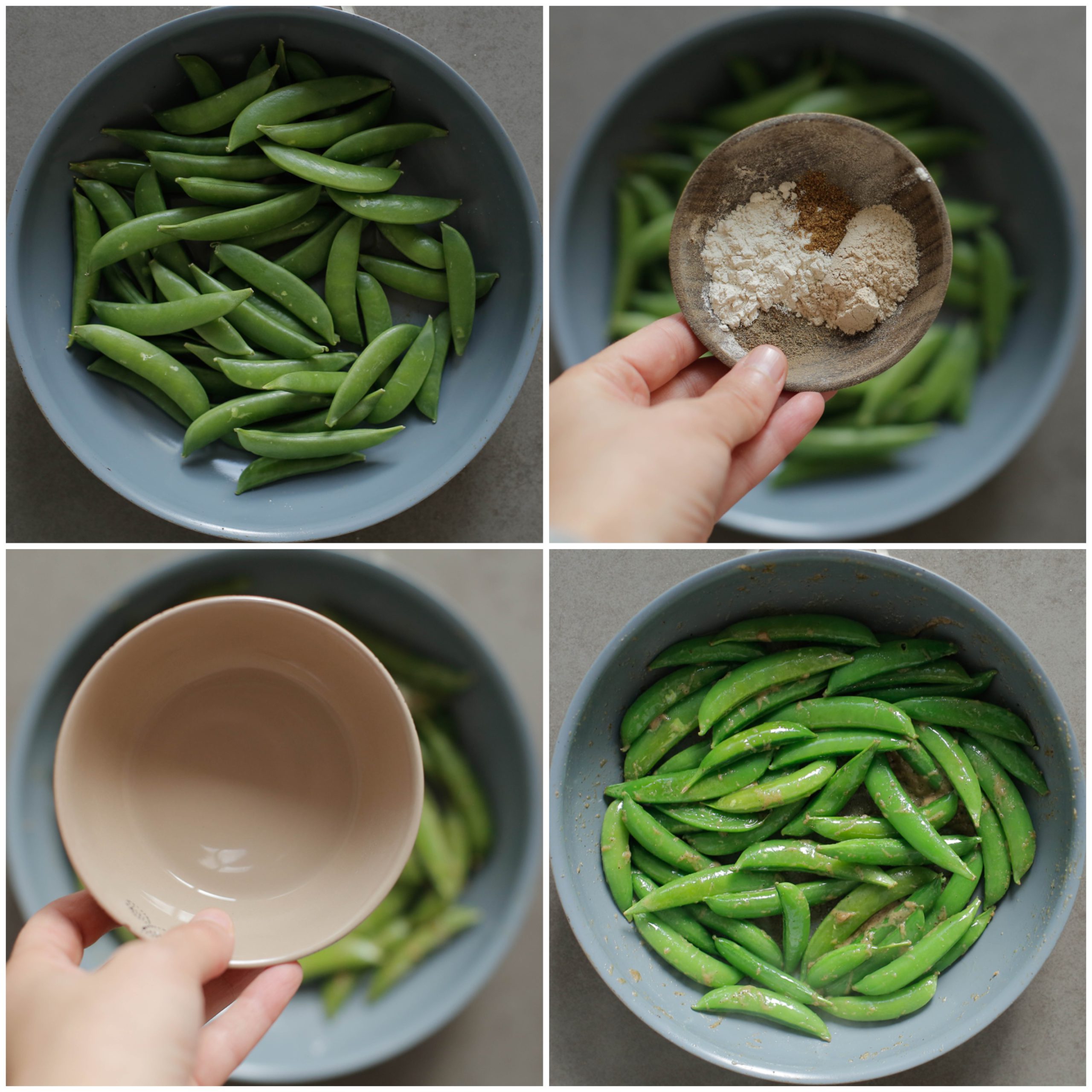 Sugarsnaps gaar bakken in een pan
