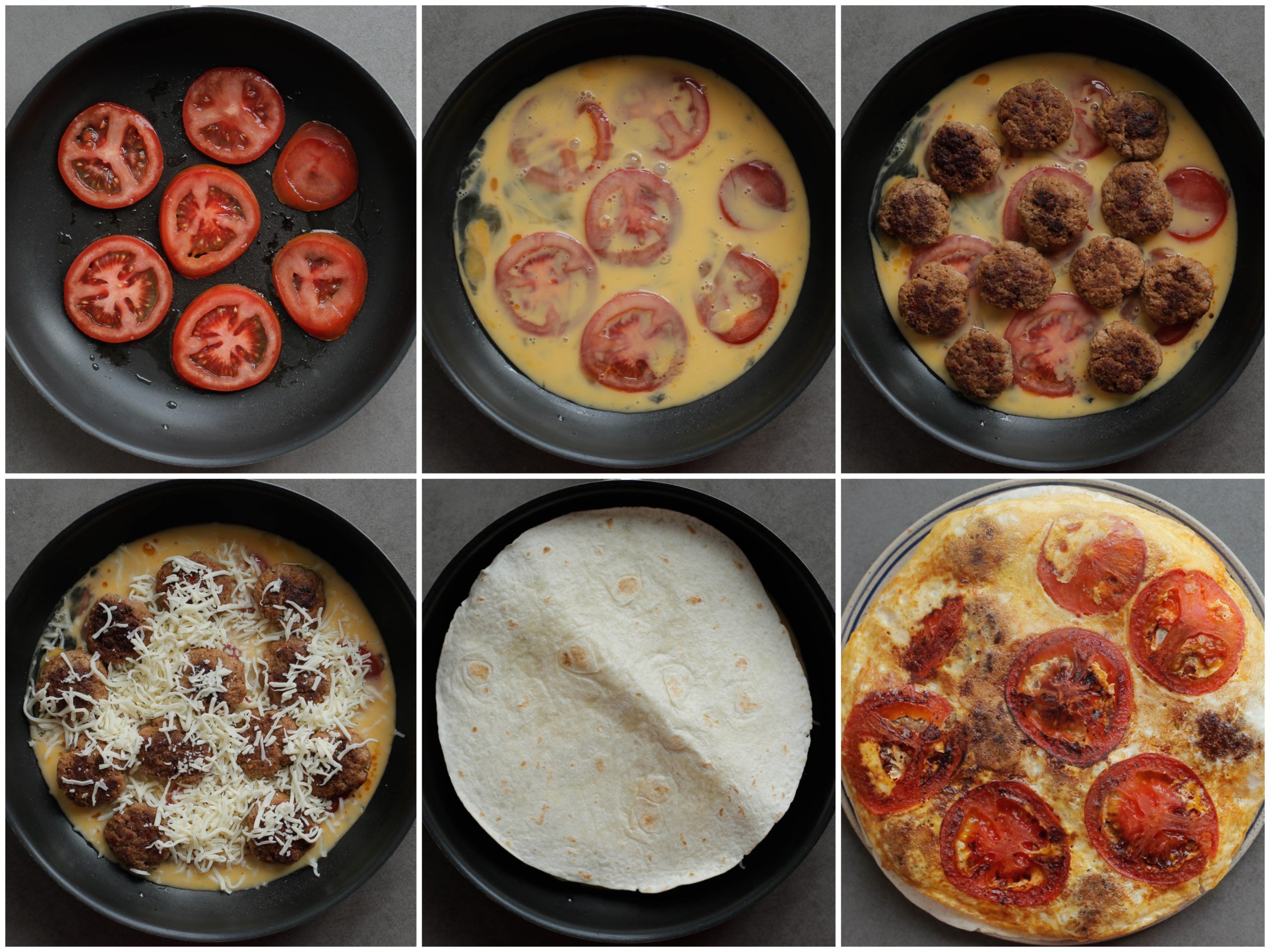 Tomaat, ei, gehakt, mozzarella en wrap bakken in een koekenpan