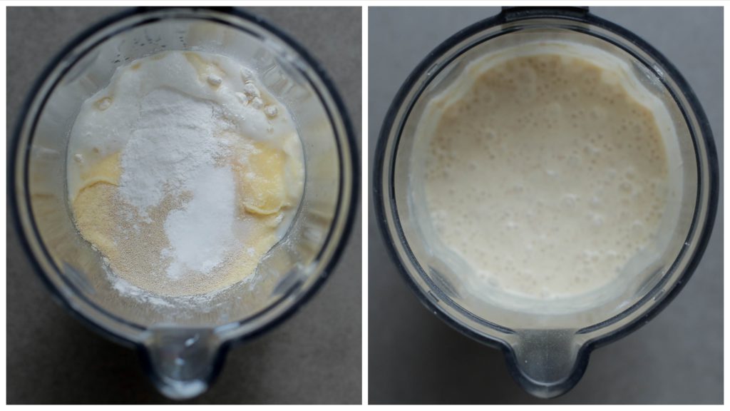 Giet het lauwwarm water en de melk in een mixer. Voeg het fijne griesmeel, de volkoren bloem, bakpoeder, gist, het zout en ei toe. Mix tot een glad beslag.