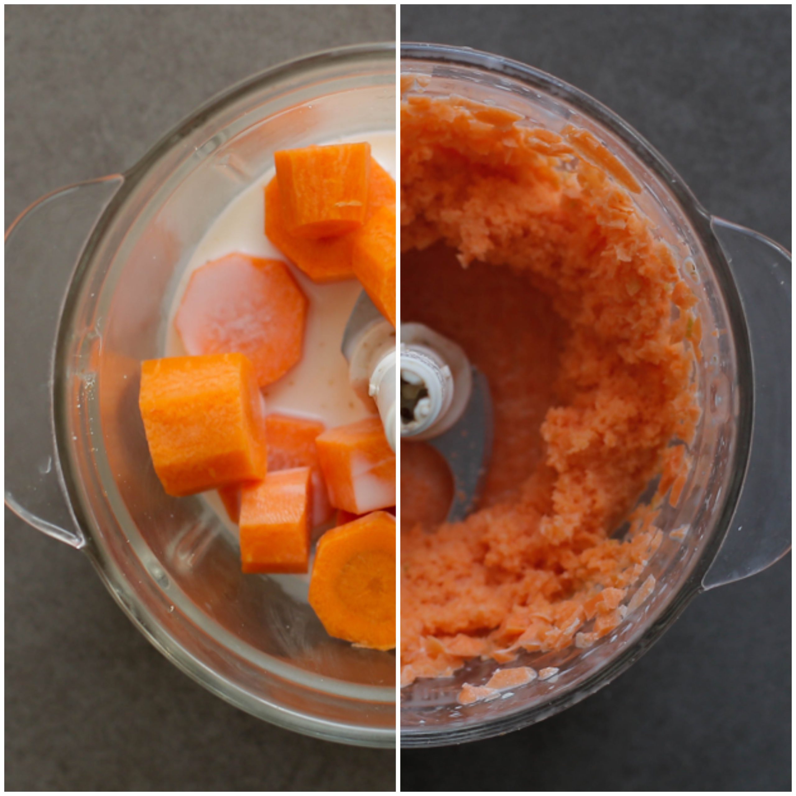 Wortel en melk mixen in een hakmolen tot een gladde massa