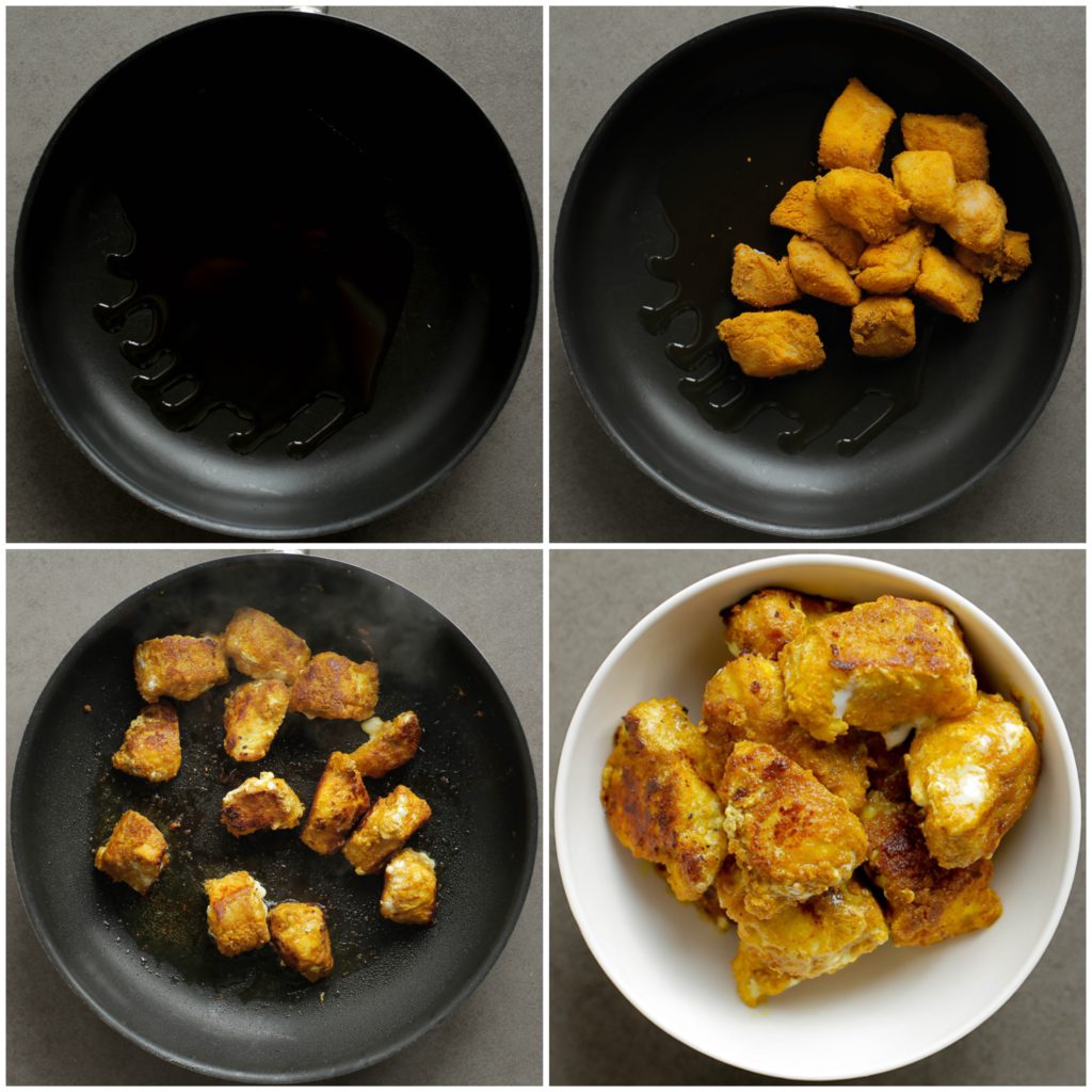 Verhit de olijfolie (10 ml) in een pan op middelhoog vuur. Bak de zeewolf goudbruin. Schep de zeewolf eruit en leg apart.