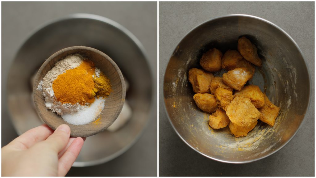 Doe de zeewolf in een diepe kom. Voeg de currypoeder, zwarte peper, uienpoeder, knoflookpoeder en kurkuma toe. Meng goed.