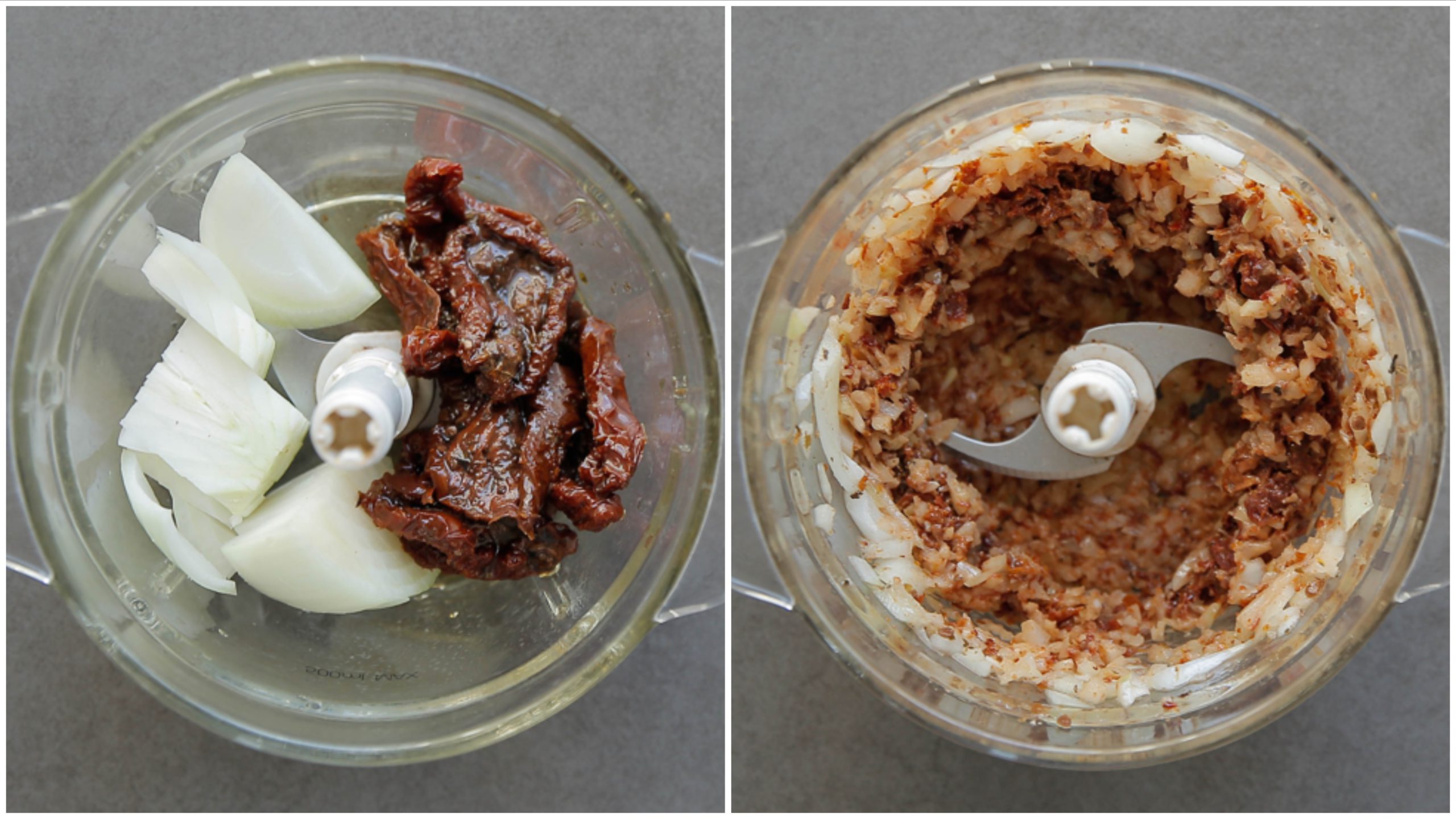 Zongedroogde tomaat en gele ui in een hakmolen fijnmalen