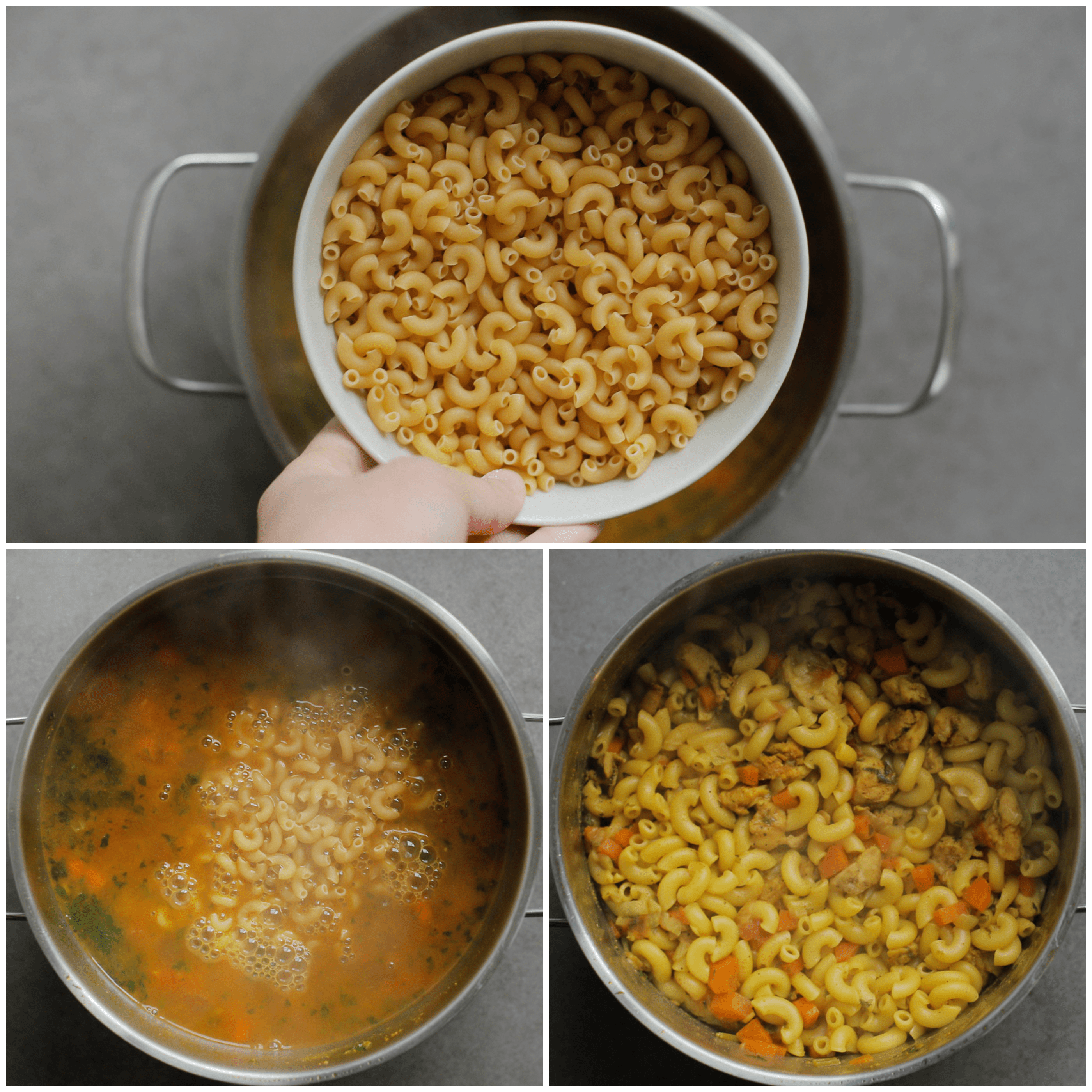 macaroni gaar koken in een pan met kip en groenten