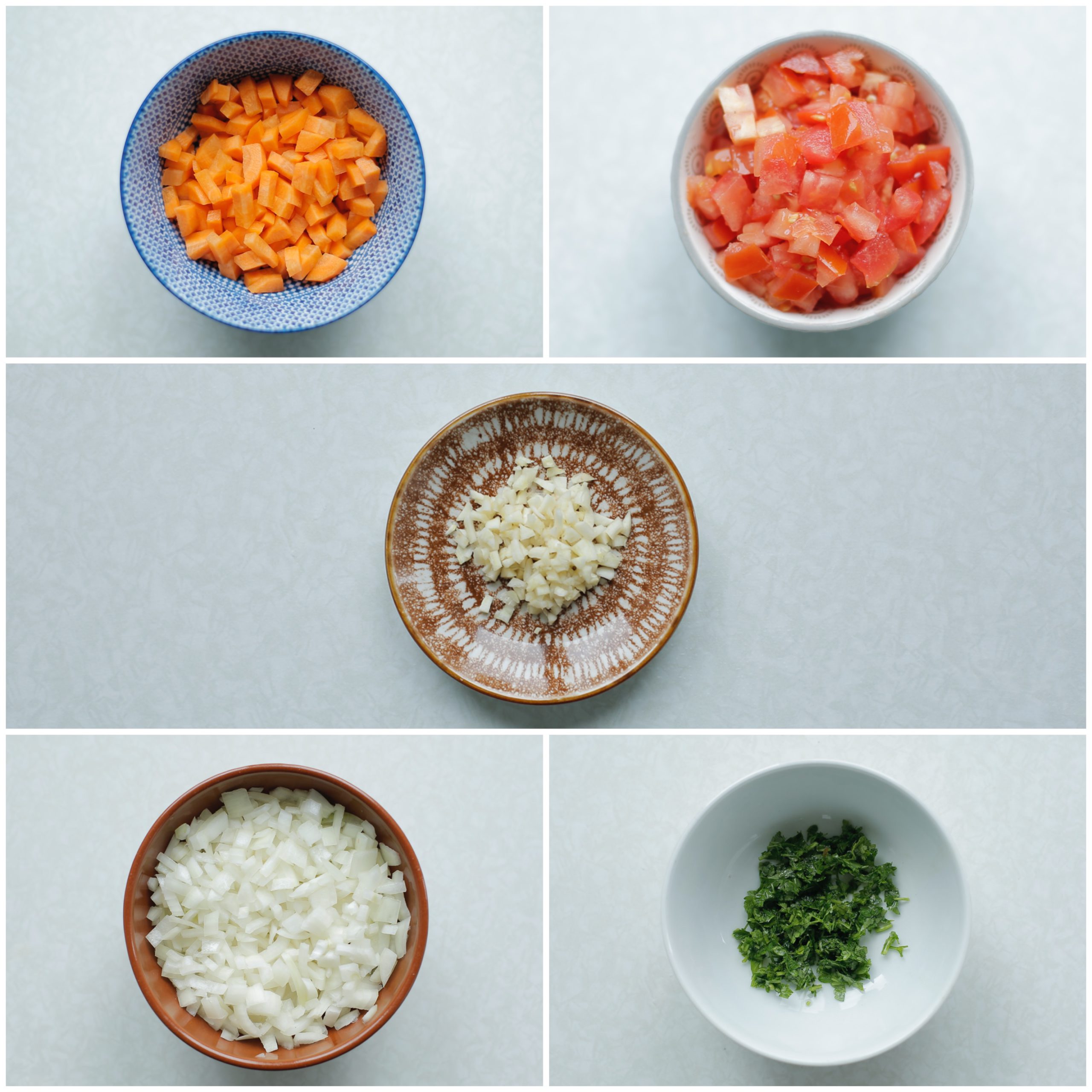 wortel, tomaat, knoflook, gele ui en koriander