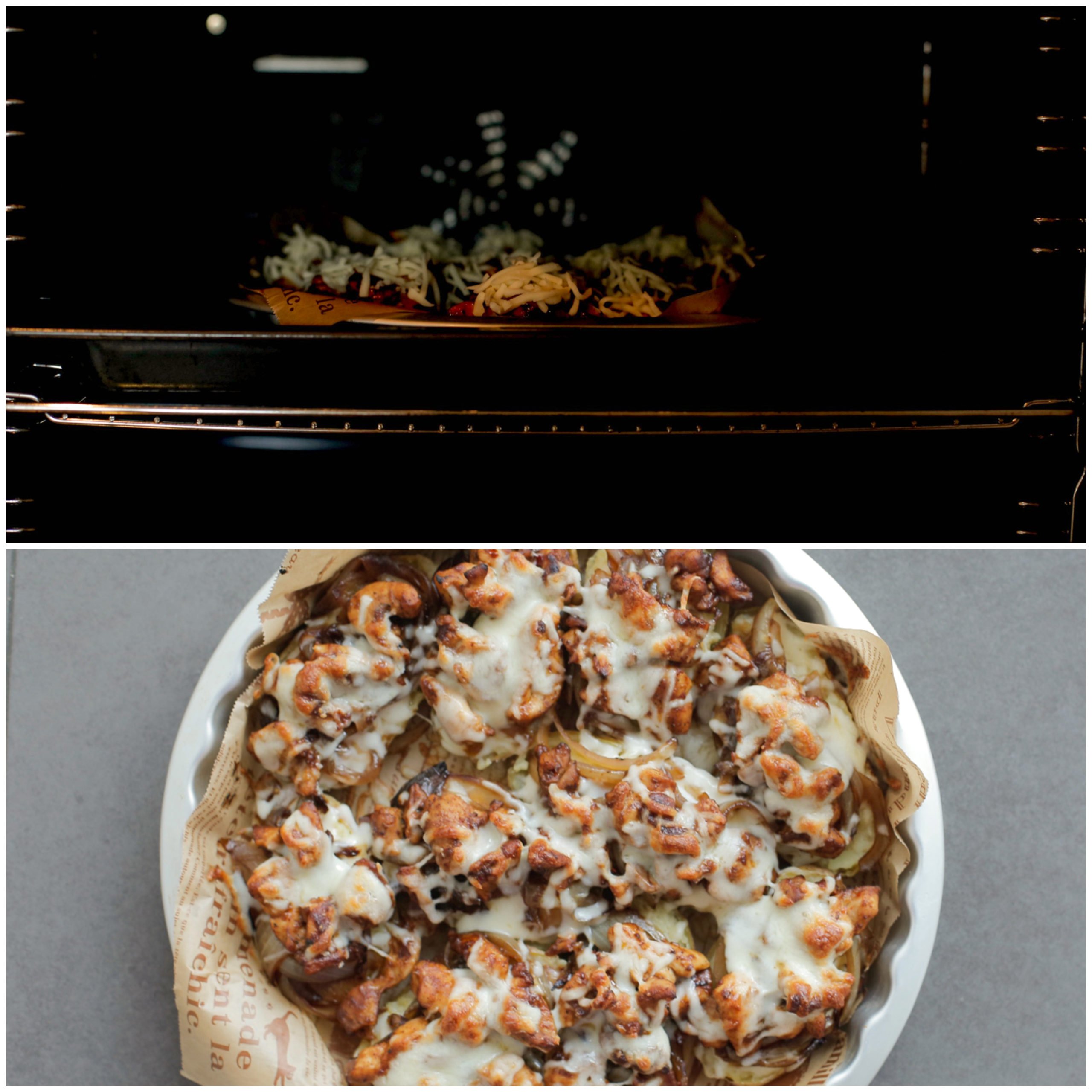 Aardappels gevuld met hete kip en gekarameliseerde ui in de oven bakken totdat de kaas gesmolten is