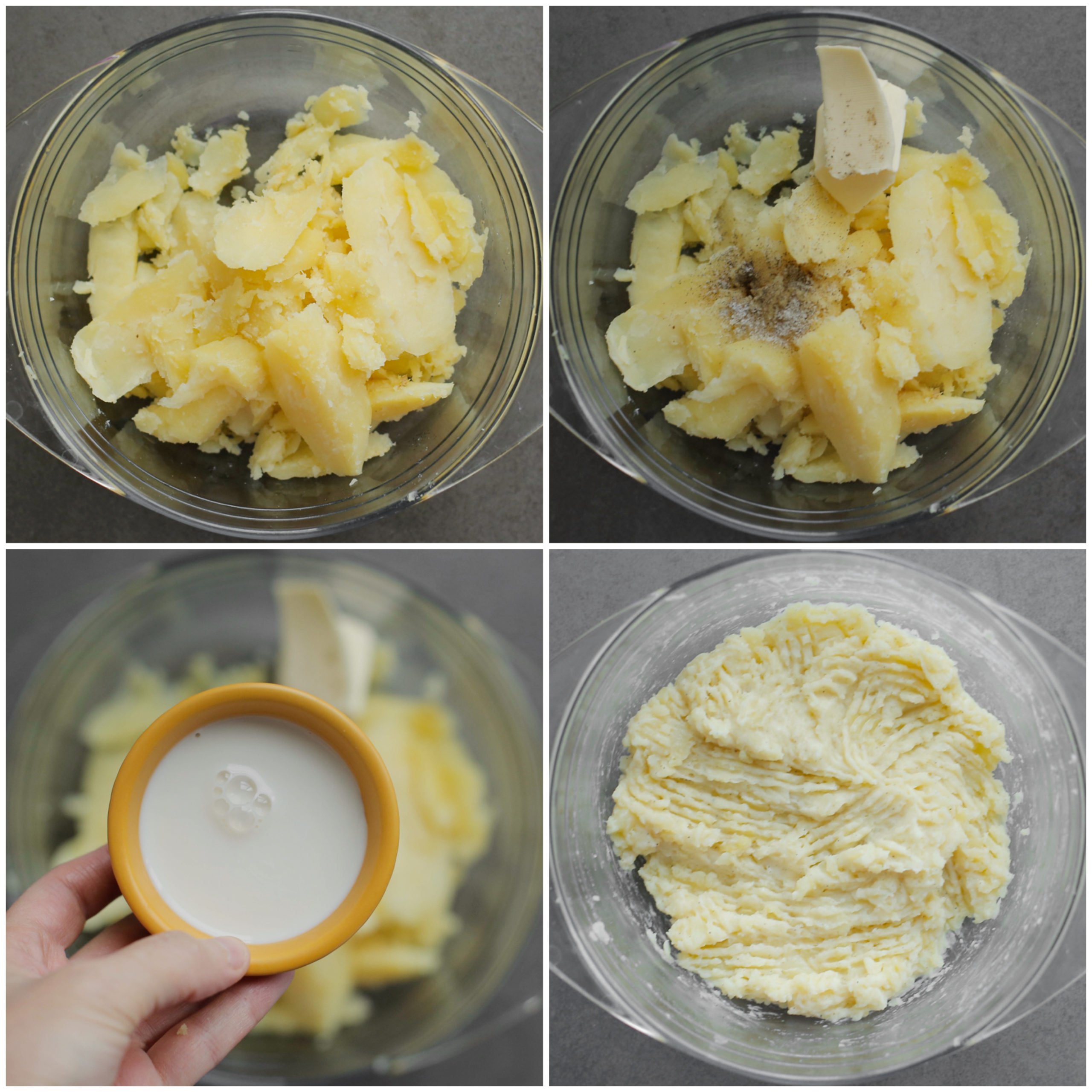 Aardappelvulling samen met zwarte peper, roomboter, zout en melk stampen of prakken tot een aardappelpuree