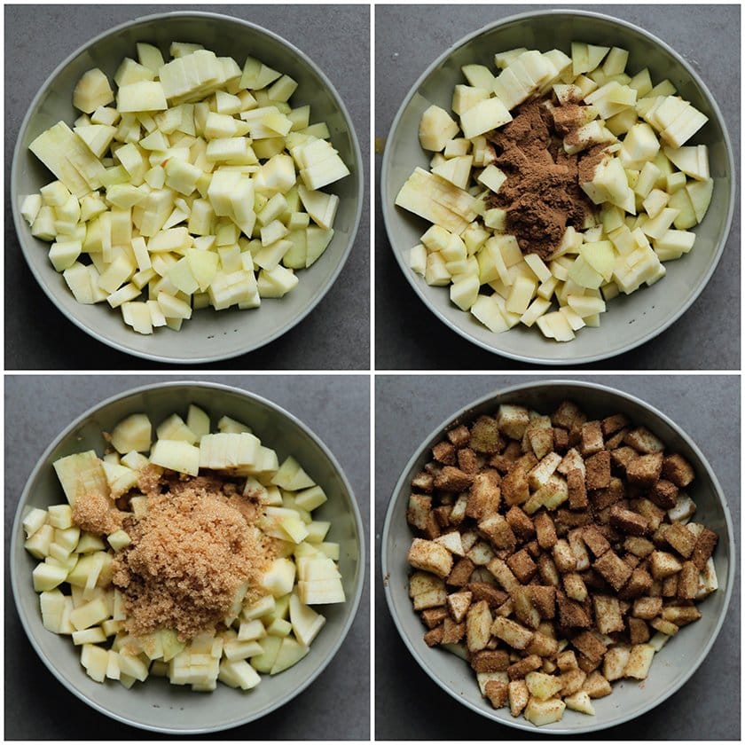 Appelstukjes mengen met kaneel en bruine basterdsuiker