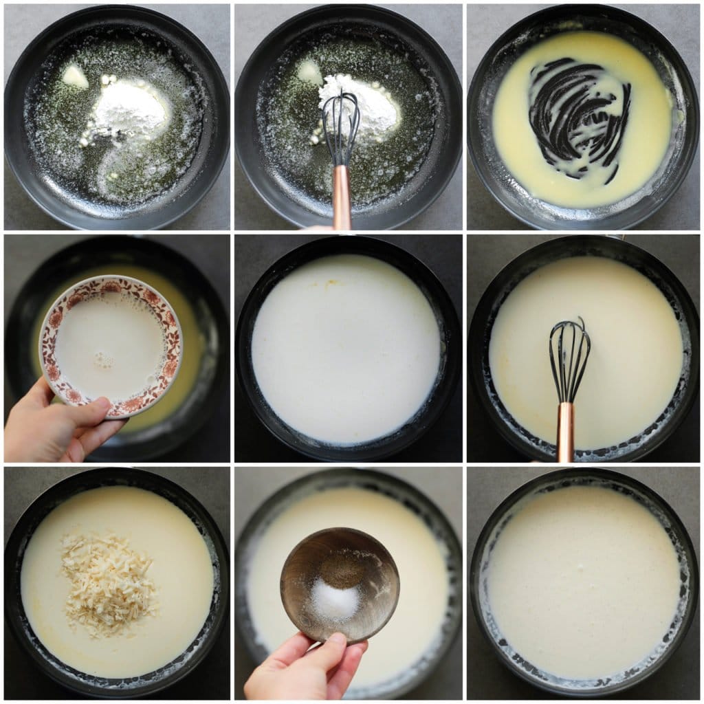 Smelt de roomboter in een koekenpan met dikke bodem op laag vuur. Voeg de bloem toe en kook al roerend met een garde voor een minuut. Schenk rustig de melk al roerend met een garde bij. Wanneer het papperig is, voeg je de parmezaanse kaas toe. Roer met een garde tot er een mooie gladde saus ontstaat. Breng de bechamelsaus op smaak met wat zout en peper.