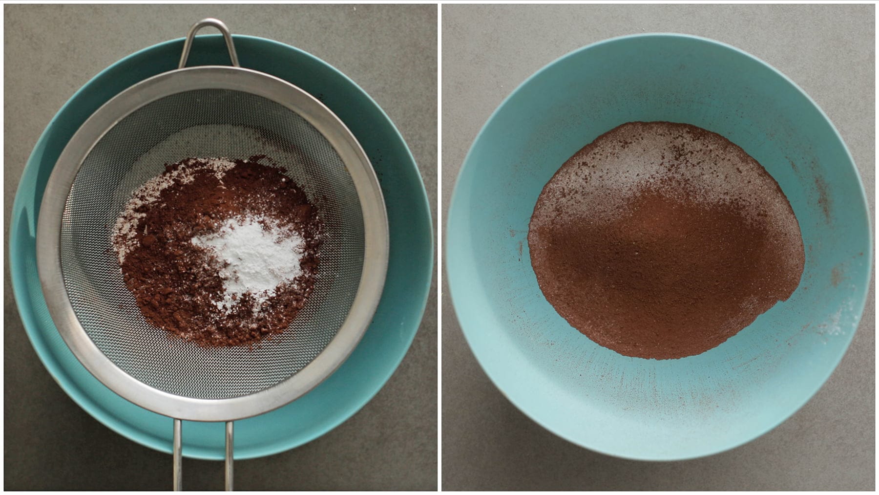 Bloem, cacao en bakpoeder door een zeef halen