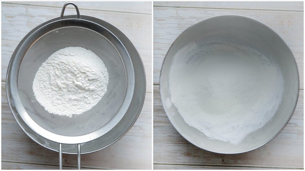 Doe de bloem, bakpoeder en maïzena in een kom. Meng goed. Haal de droge ingrediënten tweemaal door een zeef.