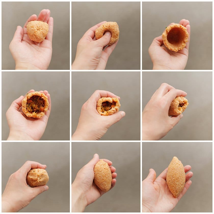 Bulgur vullen met het garnaalmengsel en dichtmaken-rollen tot gewenste ovale vorm