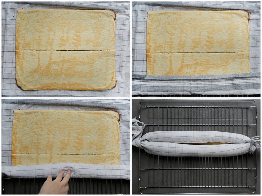 Snijd de cake verticaal door het midden. Rol de twee stukken cakes naar binnen met behulp van een vochtige theedoek of bakpapier. Doe dit direct wanneer de cake warm is! Zo gaat het rollen makkelijker en scheurt het niet of vrij weinig. Leg de cakes weg in de koelkast (30 minuten, maar mag ook langer).