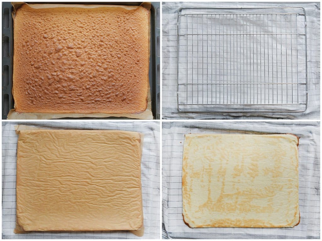 Haal de cake uit de oven en leg er een vochtige theedoek op. Leg er een raster op en kiep de bakplaat om. Verwijder het bakpapier.