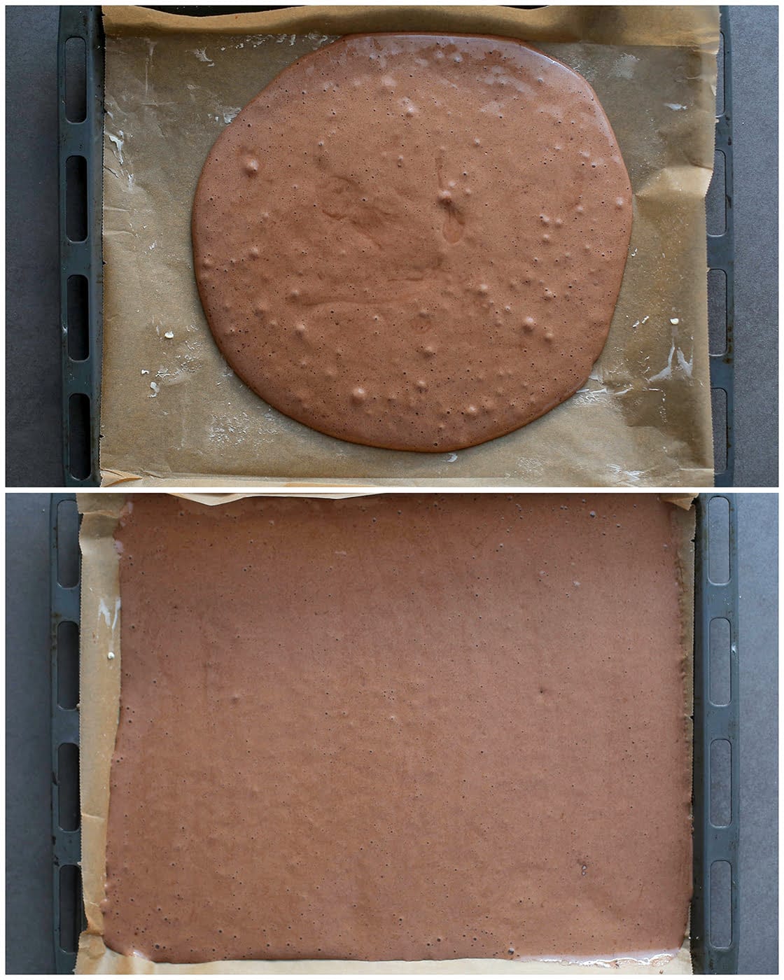 Cakebeslag voor de rolcake in een ingevette bakplaat met bakpapier