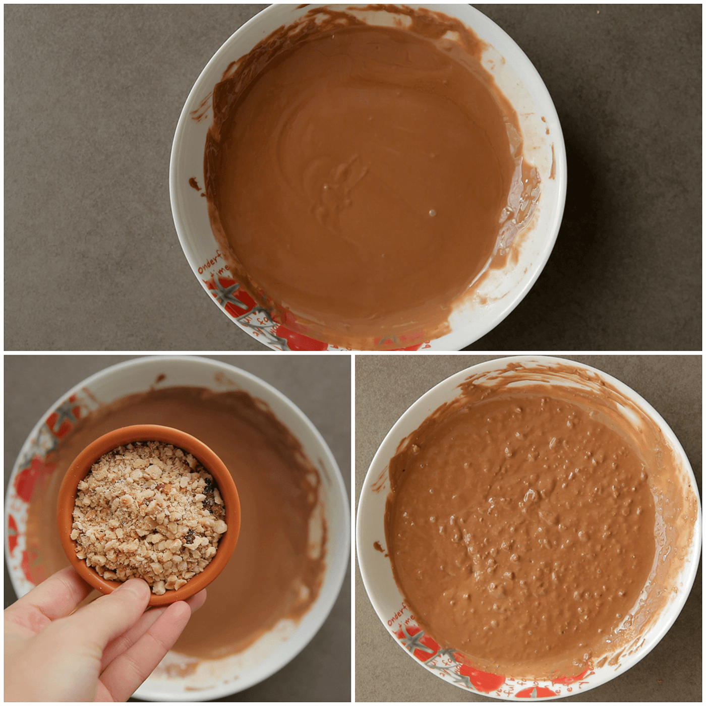 Chocolade mengen met pinda's tot een geheel