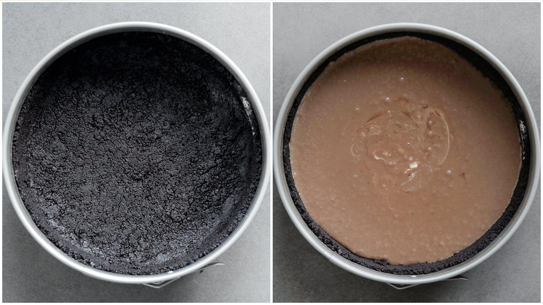 Chocolade roommengsel verdelen over het koekjesdeeg van oreo