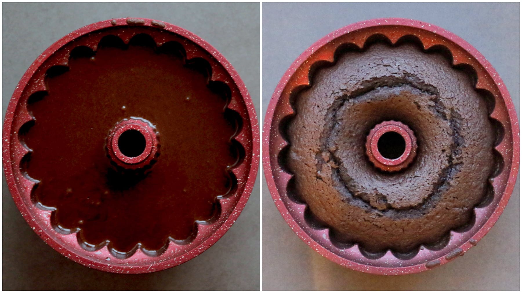 Chocoladecake met kersenvlaai vulling bakken in de oven