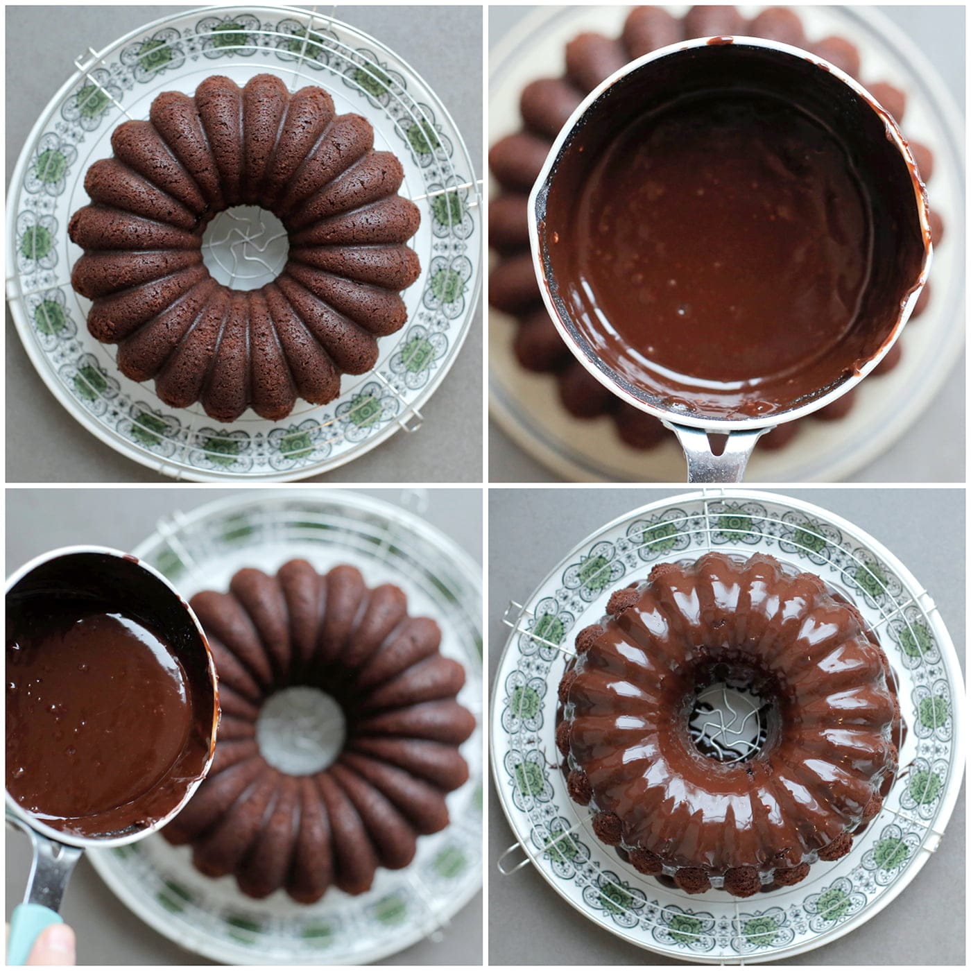 Chocoladecake met kersenvlaai vulling garneren met ganache