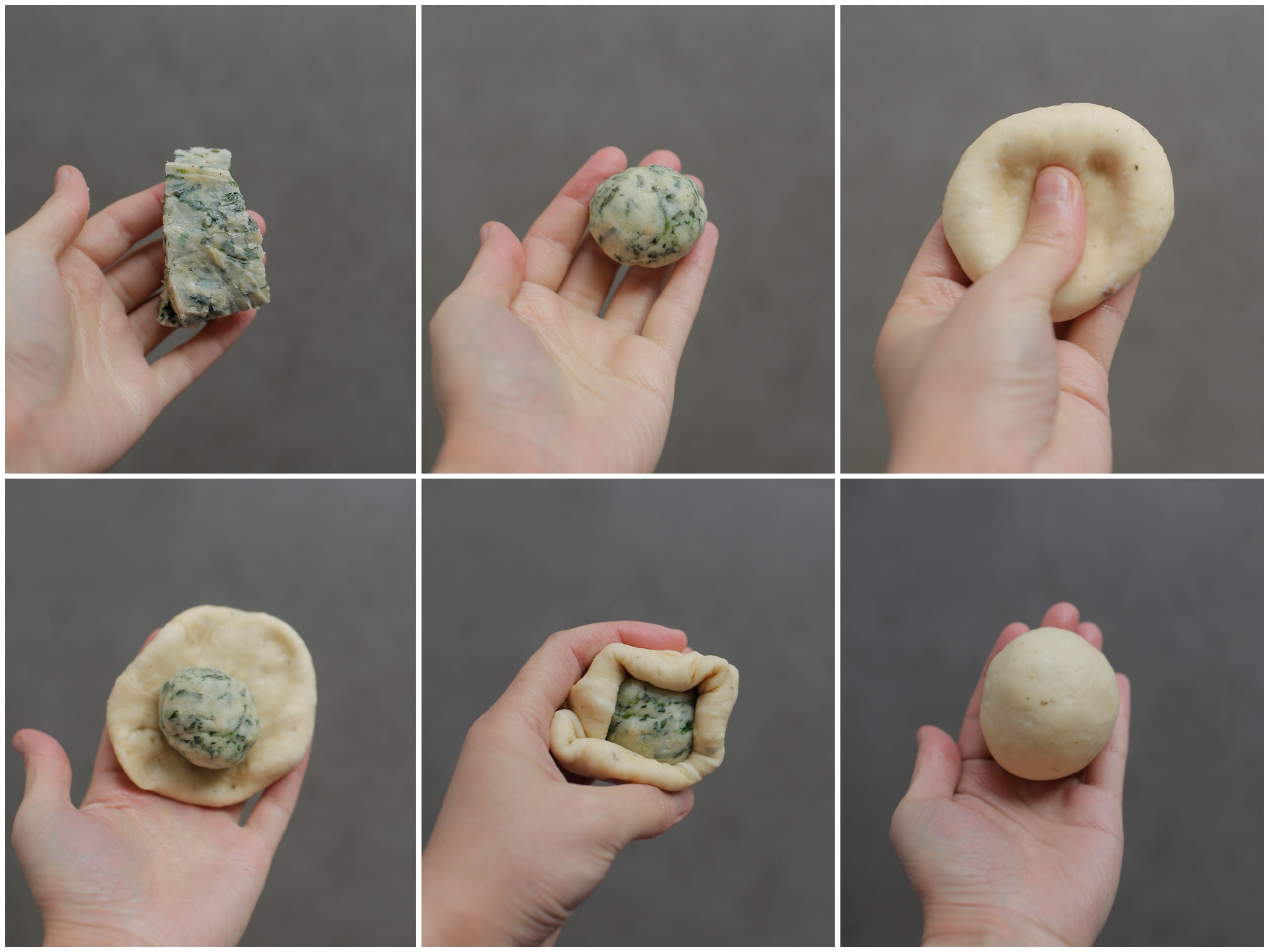 Deeg vullen met het spinazie-kaasmengsel en dicht maken