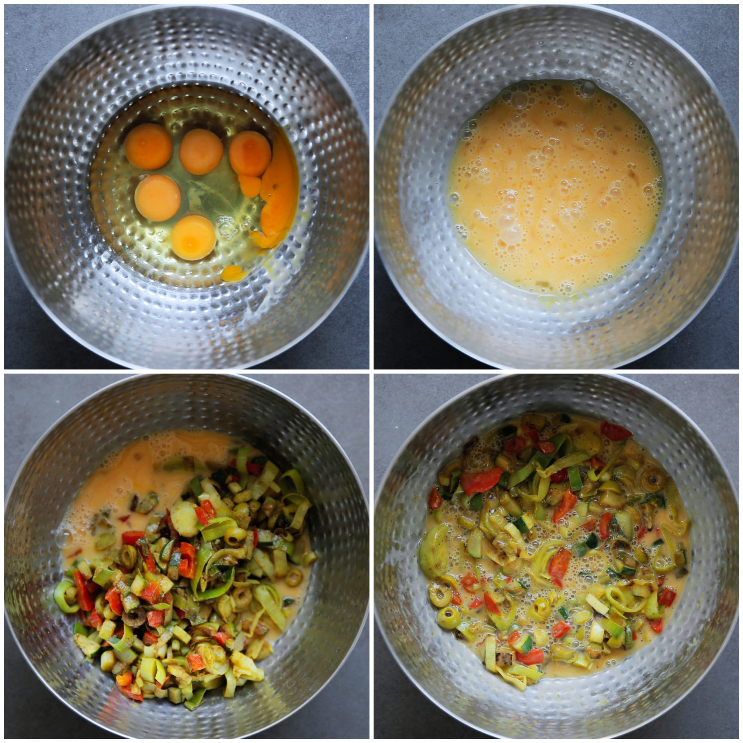 Eieren los kloppen voordat je de gebakken groenten toevoegt