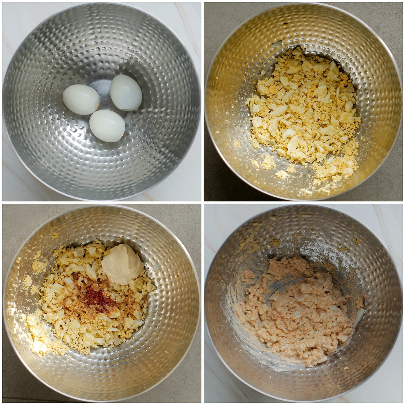 Eimengsel mengen met saus in een kom