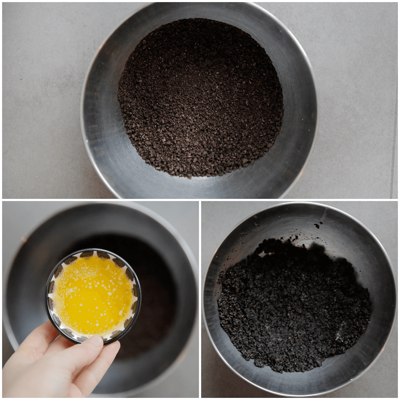 Fijngemalen oreokoek mengen met gesmolten roomboter tot een mooie koekjesdeeg