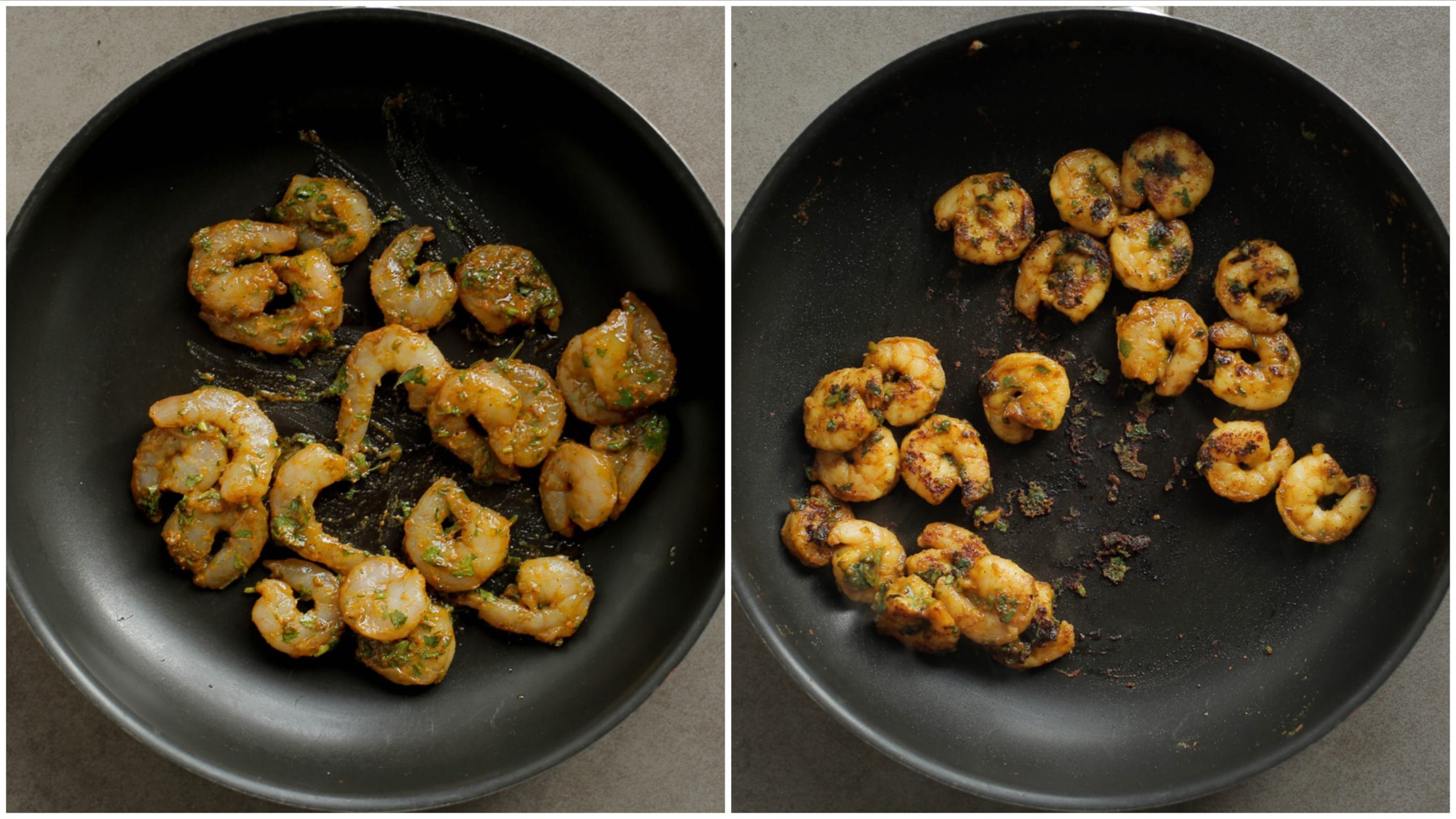 Garnaalmengsel gaar bakken in een koekenpan