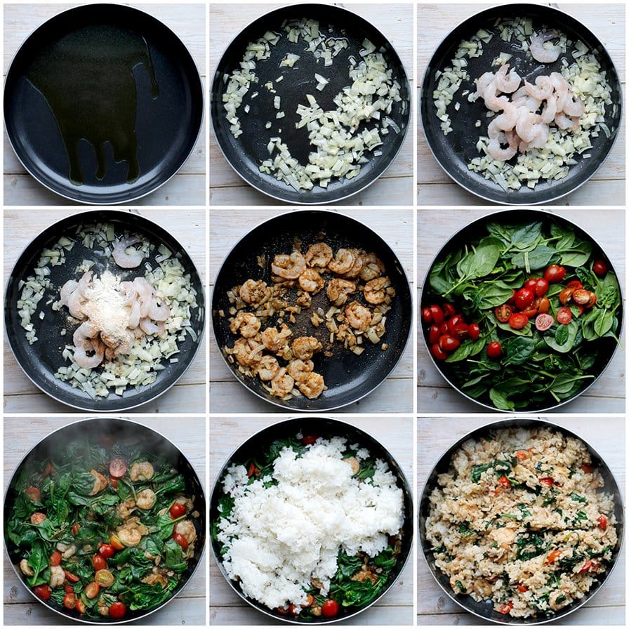 Garnalen bakken samen met veel groenten en rijst