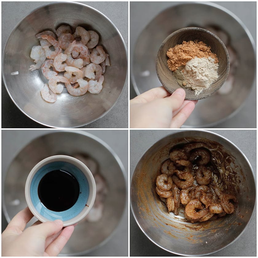 Garnalen mengen met kruiden en ketjap manis tot een geheel