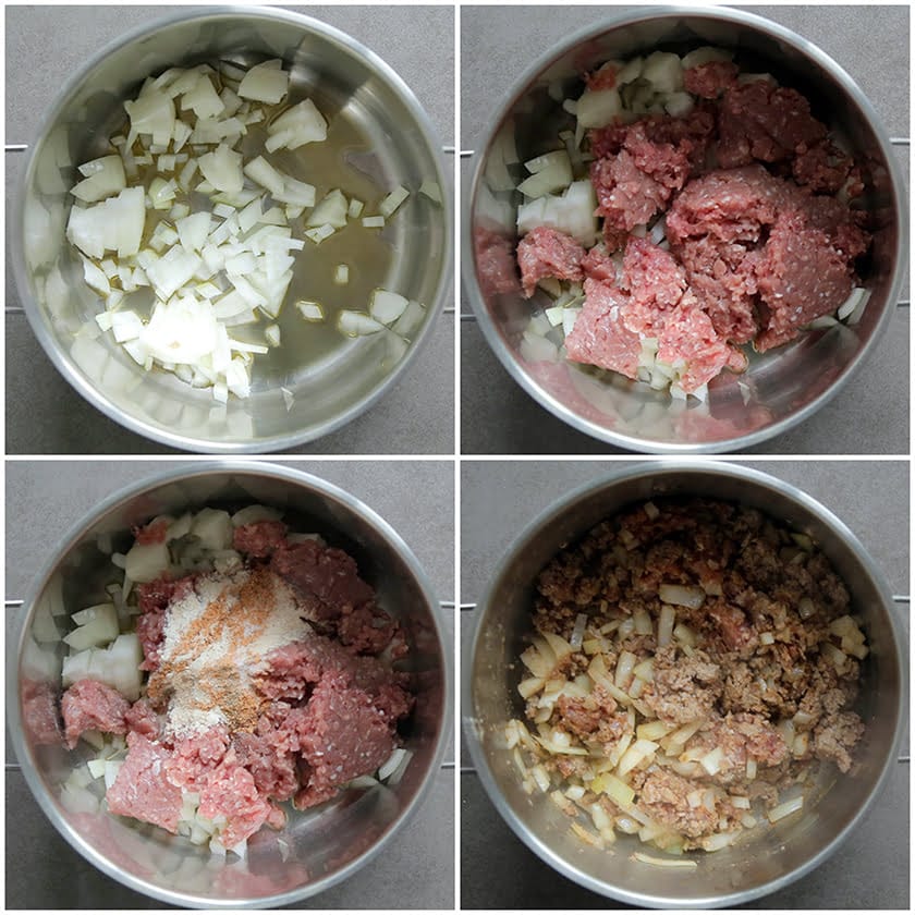 Gehakt voorbakken met gele ui en kruiden in een pan