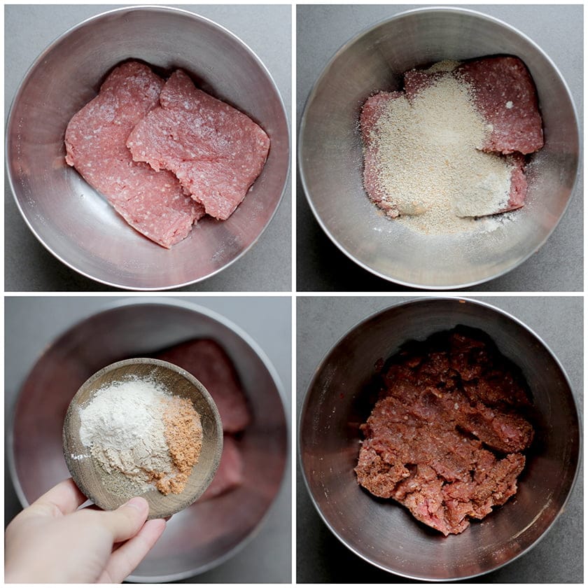 Gehaktmengsel goed mengen met kruiden en paneermeel voor de gehaktballen