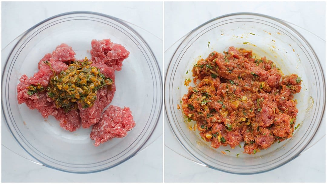 Gehaktmengsel mengen met het groentemengsel in een diepe kom