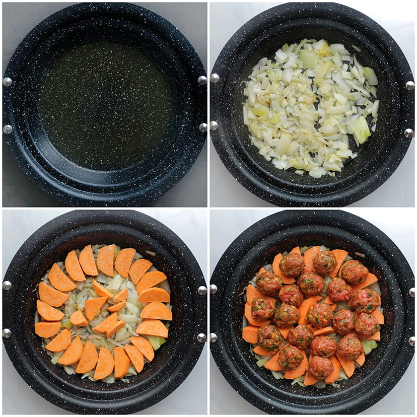 Gele ui, zoete aardappel en gehaktballen bakken in een tajine