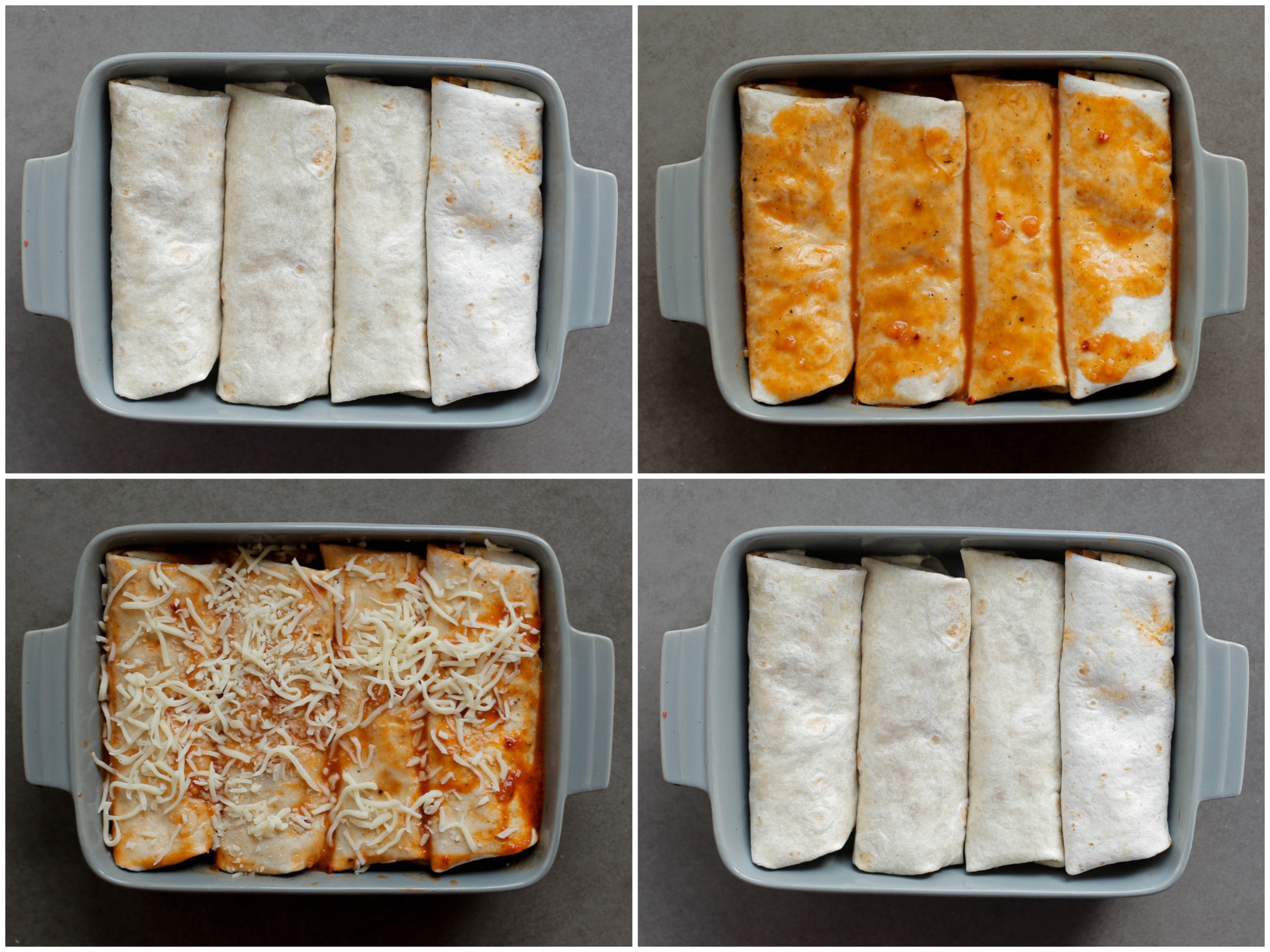 Gevulde kipwraps in een ovenschaal met saus en kaas in de oven gaar bakken