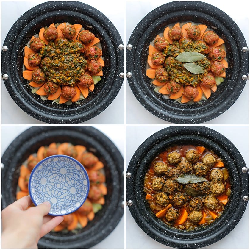 Groentemengsel, laurierblaadjes en het water toevoegen aan de tajine met gehaktballen