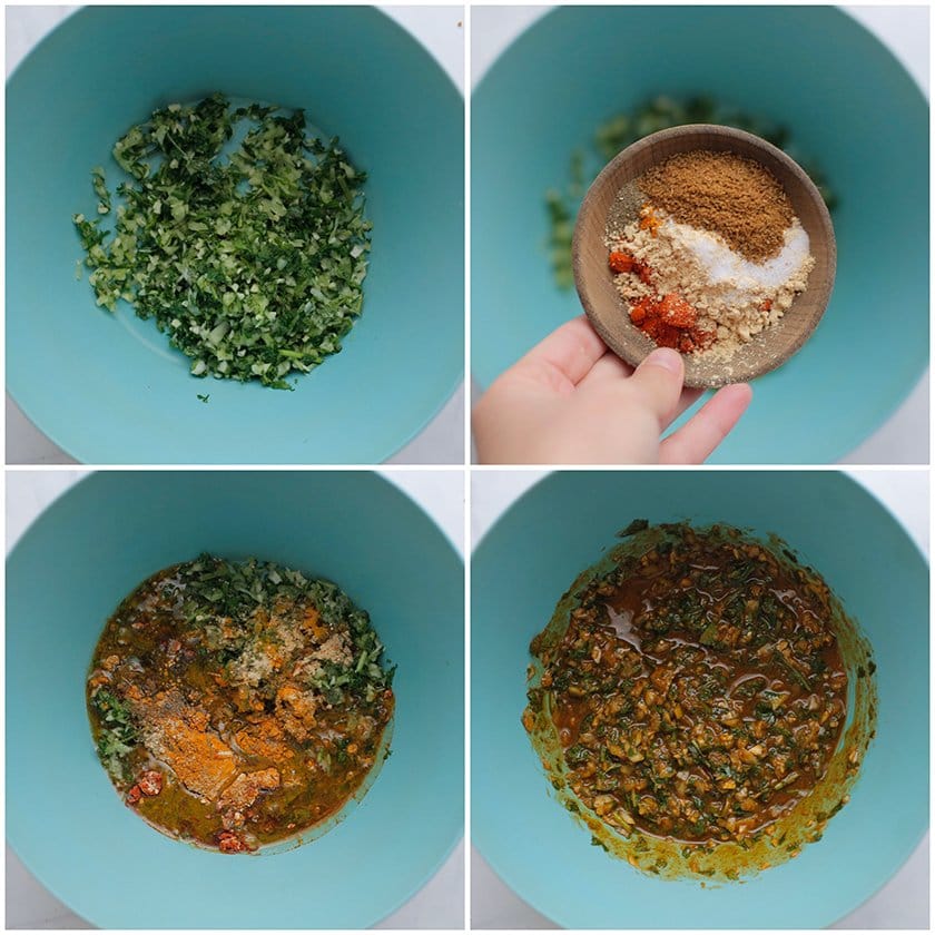 Groentemengsel mengen met de kruiden in een diepe kom