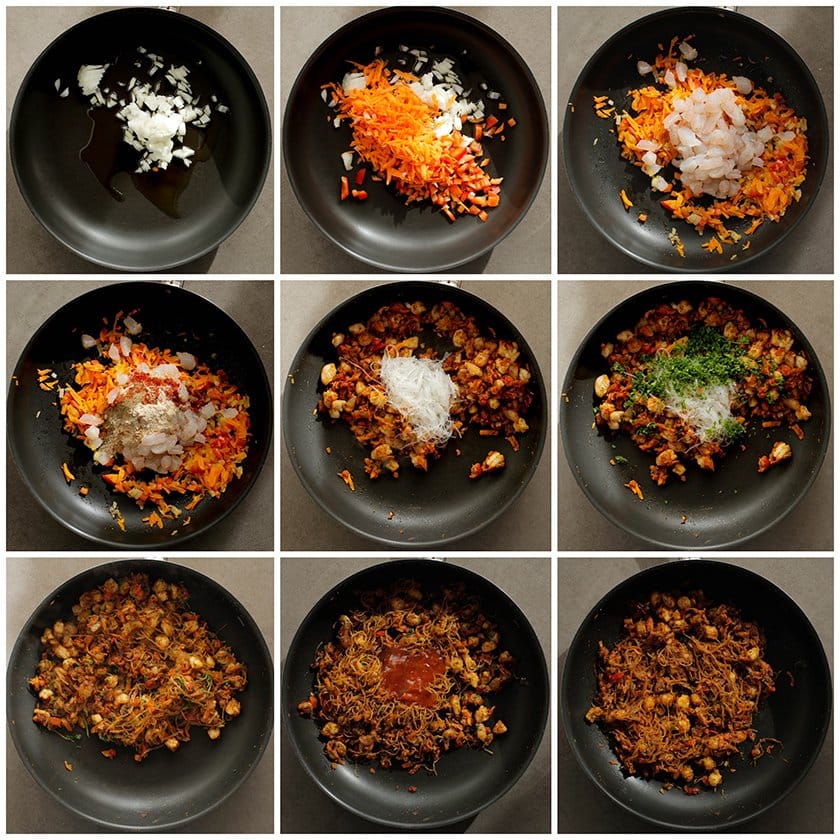 Groenten bakken met garnalen, verse kruiden, mihoen en saus tot een geheel