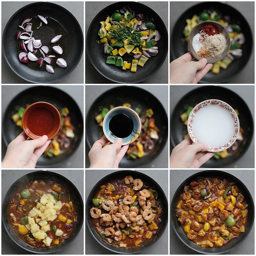 Groenten voorbakken en koken in saus met krokante garnalen